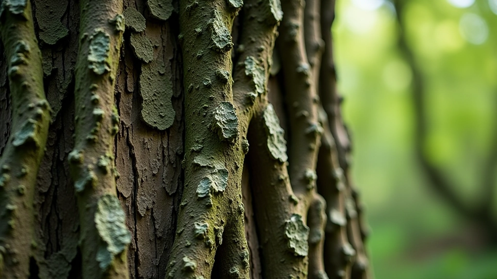 Close-up detail of ancient oak bark texture with lichen patterns and deep crevices showing tree age and forest ecology