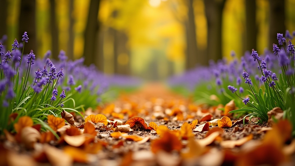 Autumn leaves scattered on forest path with oak trees in background, showing seasonal change in the woodland