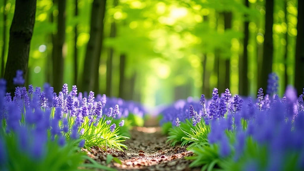 Bluebell woodland path with purple flowers blooming under tall trees in spring forest