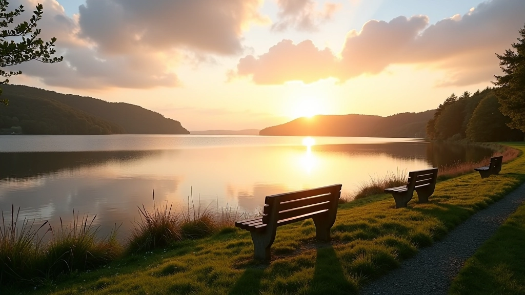Peaceful lakeside at sunset