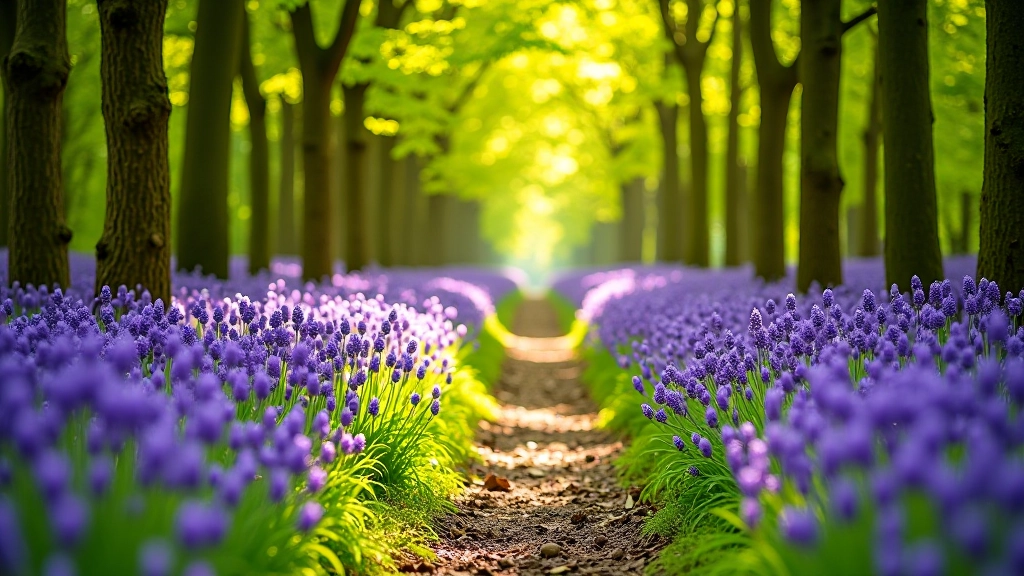 Peaceful forest path through bluebell woods with purple flowers on both sides and dappled sunlight filtering through tree canopy