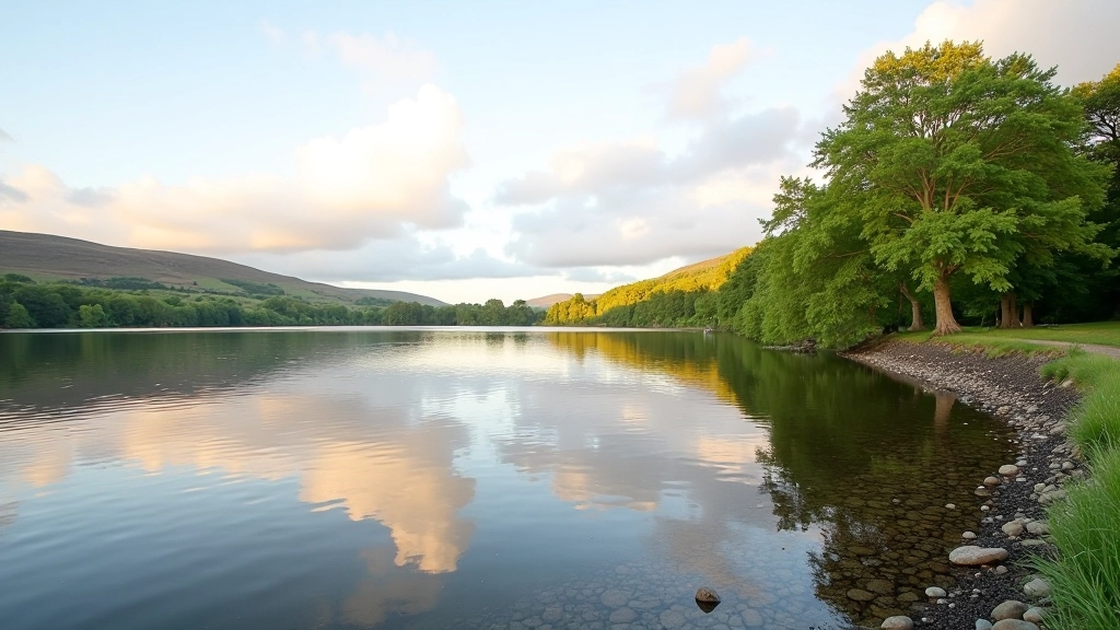 Peaceful Lough Derg shoreline with water reflecting clouds and green trees along the edge