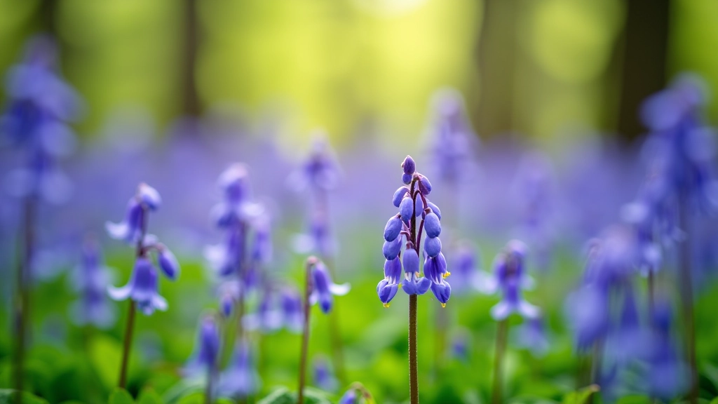 Close-up of bluebell flowers blooming densely on the forest floor in spring, creating a carpet of purple