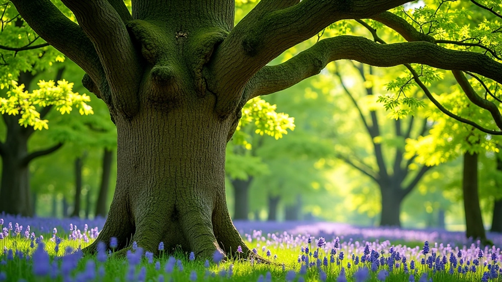 Mature oak tree with thick trunk and sprawling branches in sunlit forest clearing at Portumna Forest Park