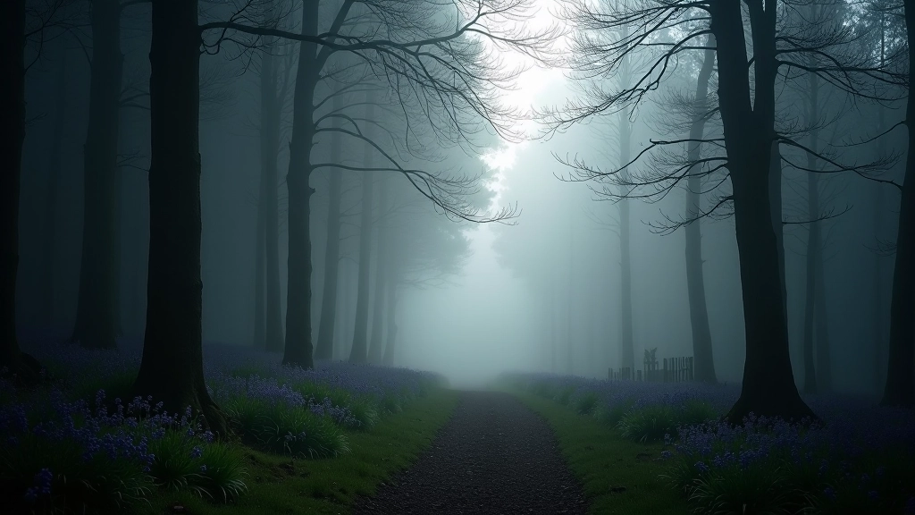 Misty morning in the forest with fog rising from the ground and tree silhouettes, creating atmospheric woodland scene