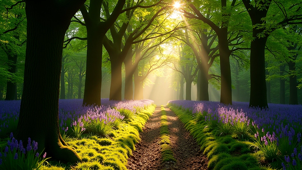 Sunlight filtering through oak tree canopy creating dappled shadows on forest floor with green moss and bracken
