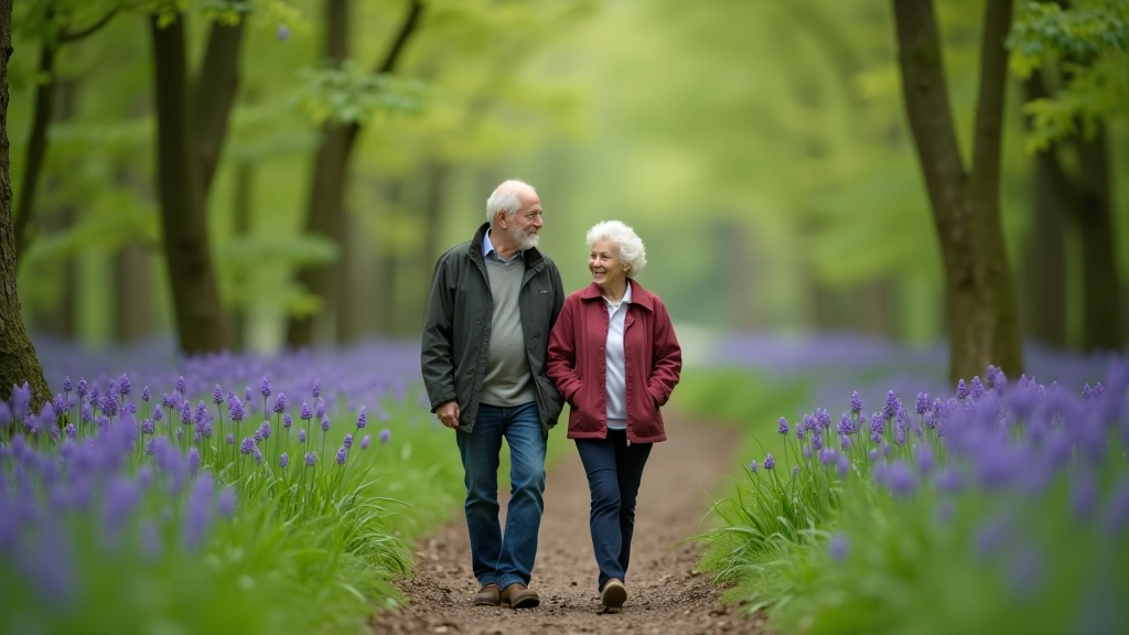 Elderly couple walking together on forest trail, peaceful woodland setting, natural daylight through trees, senior hikers