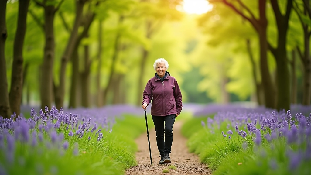 Senior woman walking on forest trail with walking stick, dappled sunlight through oak trees