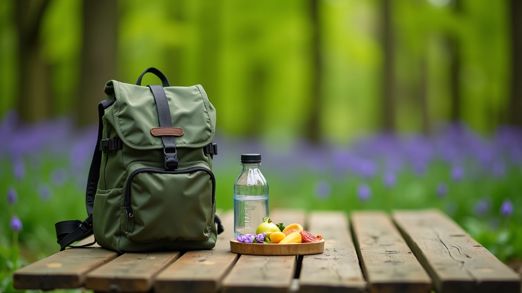 Backpack with water bottle and snacks laid out on wooden table, outdoor setting