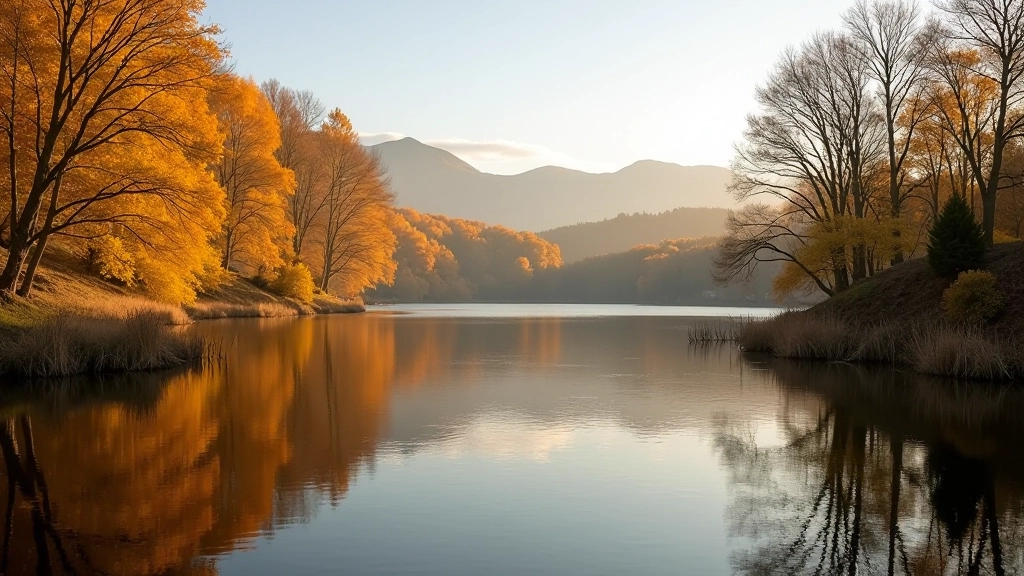 Lough Derg lake view showing autumn colors reflected in still water, golden trees along shoreline, peaceful composition