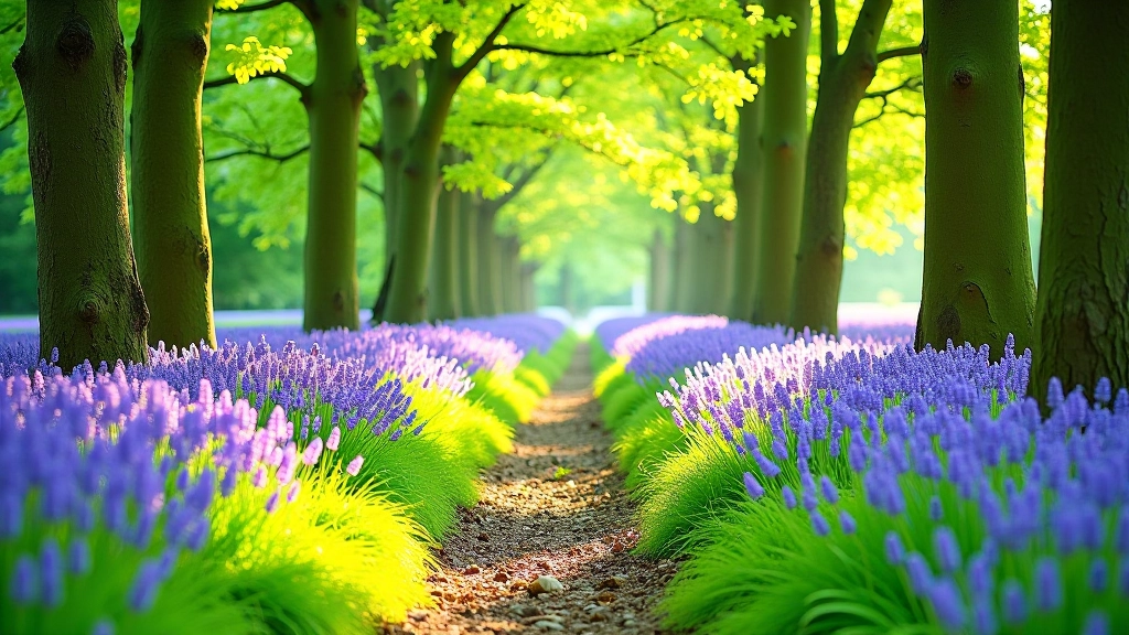 Senior couple walking through blooming bluebell woodland path in spring, dappled sunlight filtering through tall oak trees