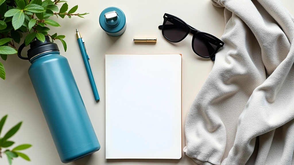 Practical items laid out: water bottle, light sweater, sunglasses, journal on neutral background, clean flat lay photography