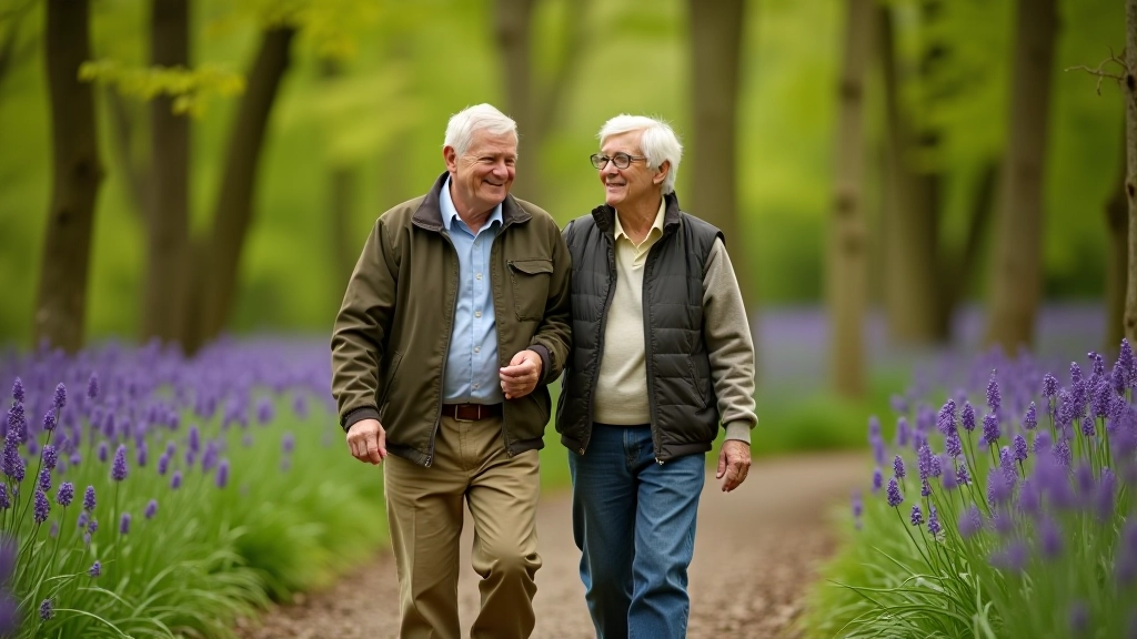 Senior couple walking together on peaceful forest trail, relaxed pace, natural lighting