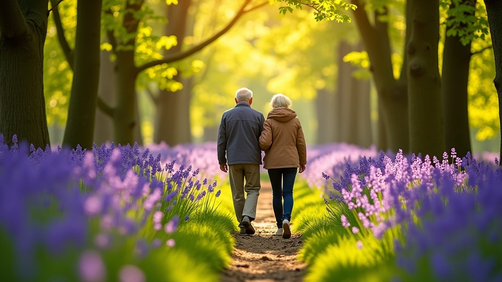 Peaceful woodland path lined with native bluebells in bloom, serene forest environment for seniors