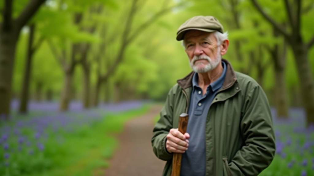 Senior man holding wooden walking stick on woodland path with natural forest background