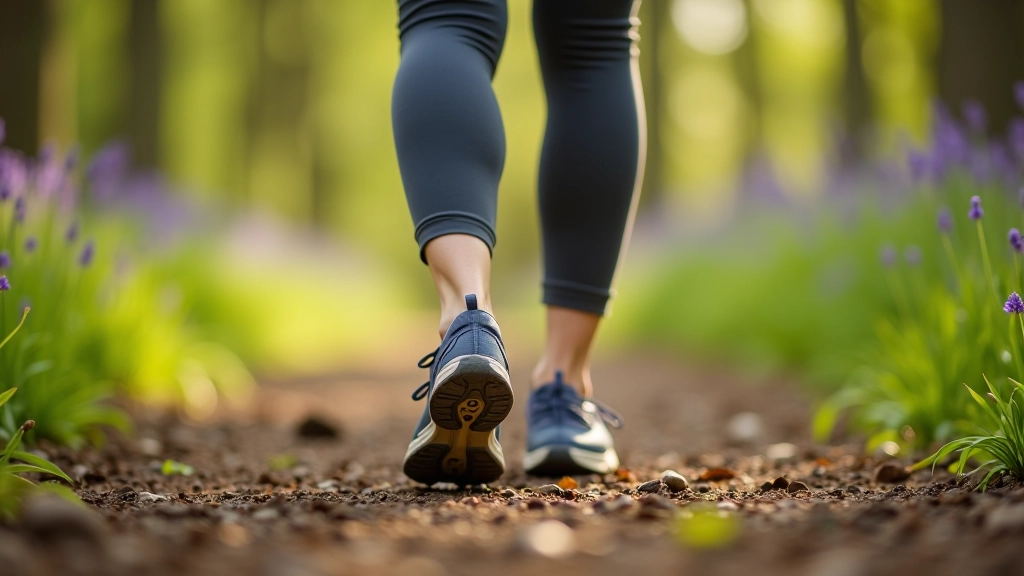 Close-up of senior wearing properly fitted walking shoes with good grip sole on woodland path