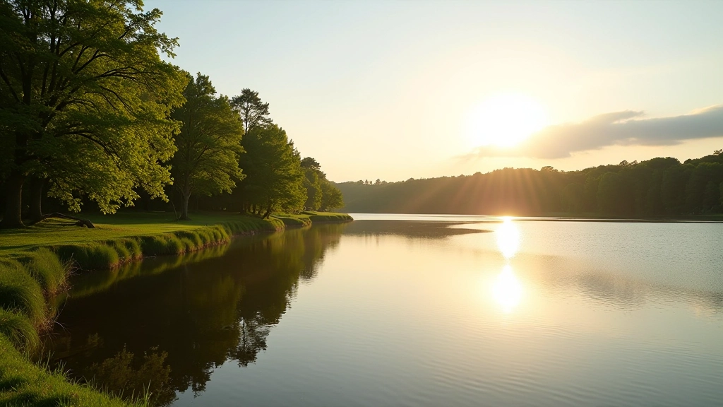 Calm Lough Derg shoreline with peaceful water and green trees reflecting in the lake, perfect rest spot for meditation
