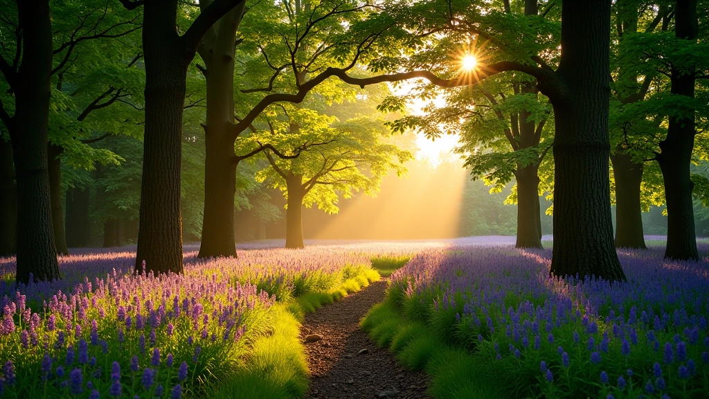 Tranquil oak forest clearing at sunset, golden light through ancient trees, peaceful natural sanctuary