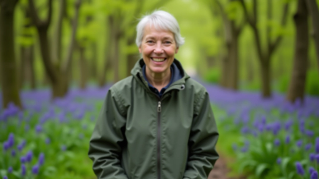 Older adult woman in waterproof jacket and walking boots, standing on forest path, smiling confidently, spring woodland background