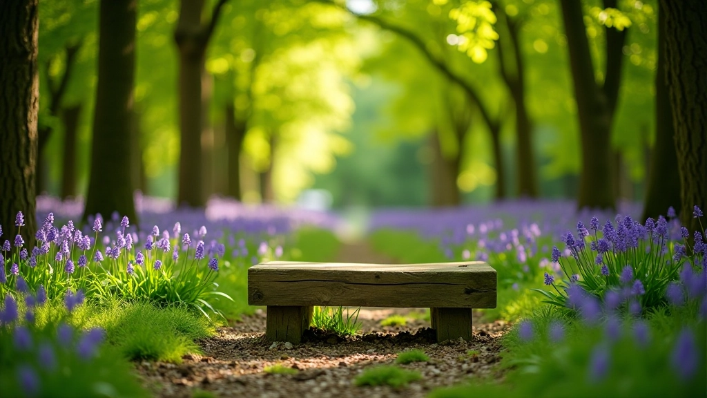 Wooden bench nestled in quiet forest clearing with oak trees, ideal spot for senior rest and contemplation