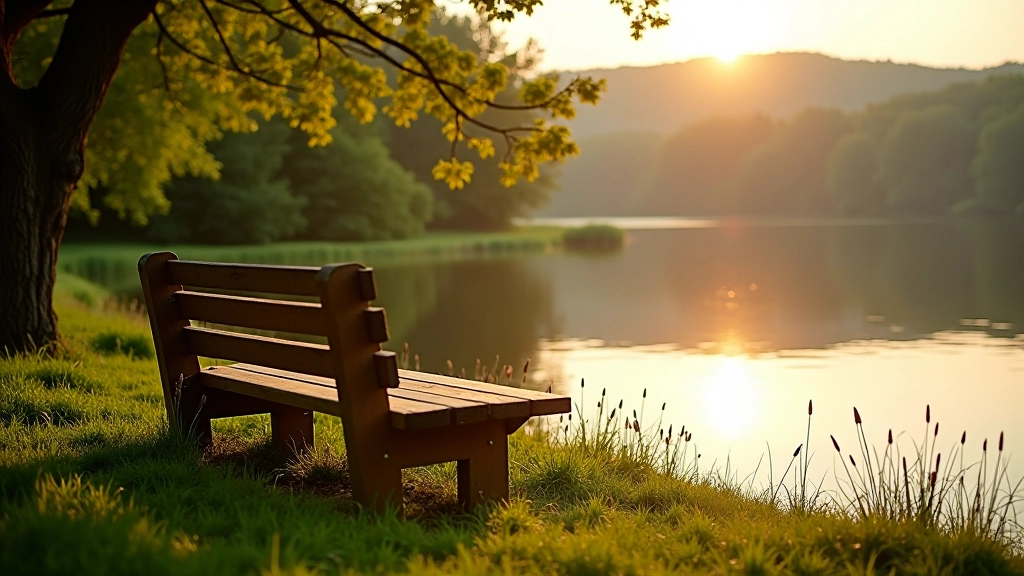 Wooden bench overlooking calm Lough Derg water with forest trees in background, afternoon light golden on water