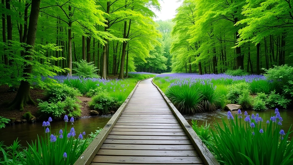Wooden footbridge crossing a small stream in the forest, surrounded by green vegetation and trees
